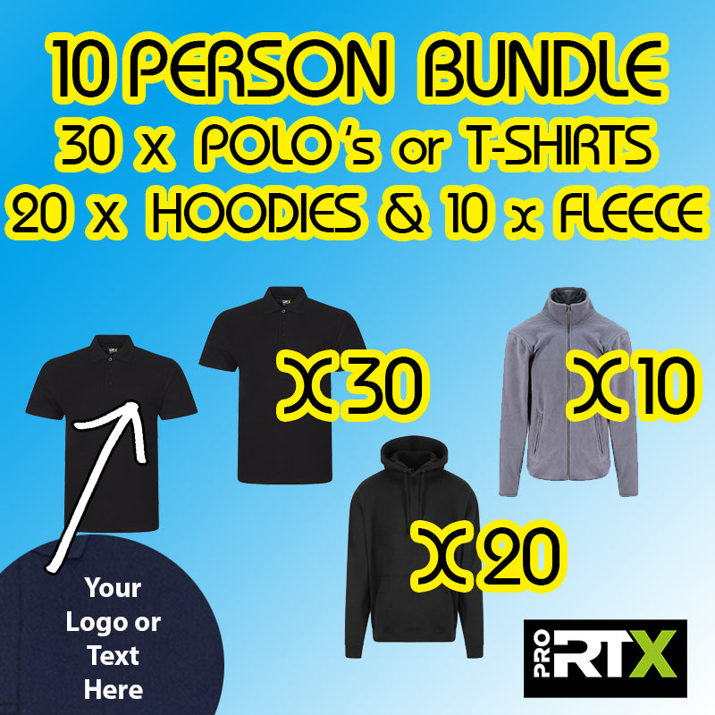 10 Person Bundle *£519.00 exc vat*  30 tops + 20 hoods + 10 fleece inc Embroidered Chest Logo