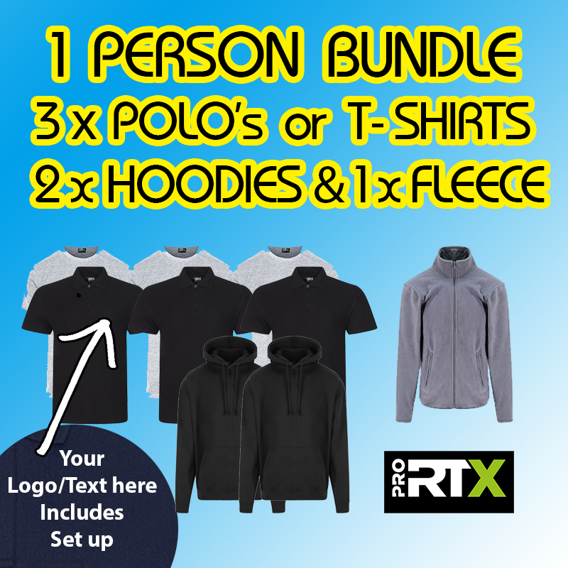 1 Person Bundle *£79.92 exc vat*  3 tops + 2 hoods + 1 fleece inc Embroidered Chest Logo