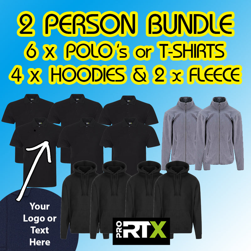 2 Person Bundle *£142.20 exc vat*  6 tops + 4 hoods + 2 fleece inc Embroidered Chest Logo