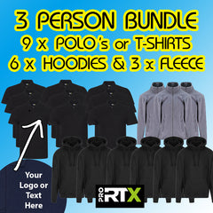 3 Person Bundle *£172.80 exc vat*  9 tops + 6 hoods + 3 fleece inc Embroidered Chest Logo