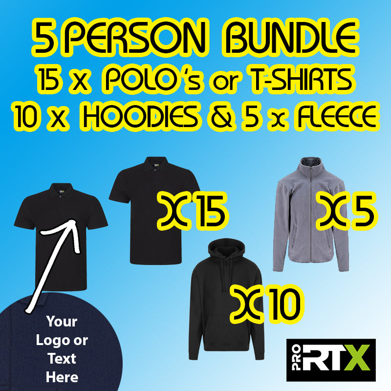 5 Person Bundle *£267.90 exc vat*  15 tops + 10 hoods + 5 fleece inc Embroidered Chest Logo