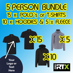 5 Person Bundle *£267.90 exc vat*  15 tops + 10 hoods + 5 fleece inc Embroidered Chest Logo