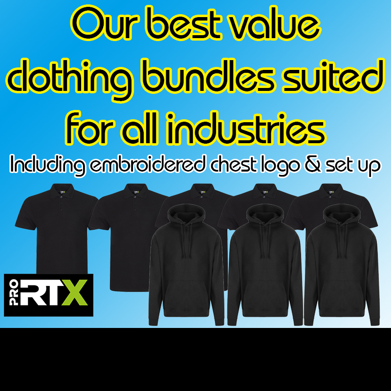 1 Person Bundle *£79.92 exc vat*  3 tops + 2 hoods + 1 fleece inc Embroidered Chest Logo